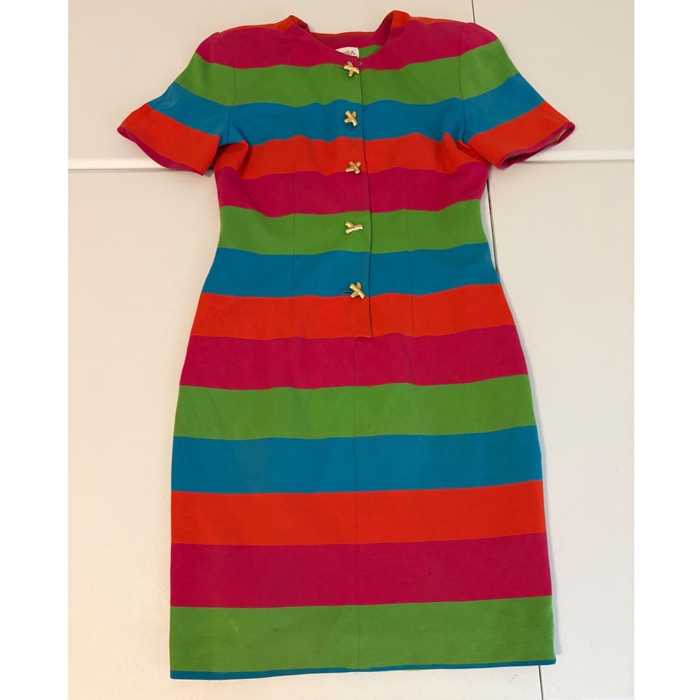 Vintage Brianna Striped Colorblock Dress Gold Button Retro 80s 90s Sample 8 yy